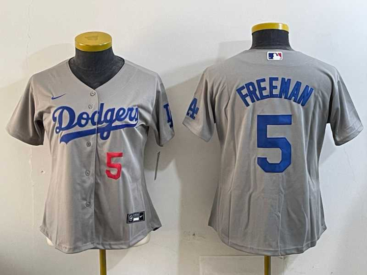 Womens Los Angeles Dodgers #5 Freddie Freeman Number Grey Cool Base Stitched Jersey